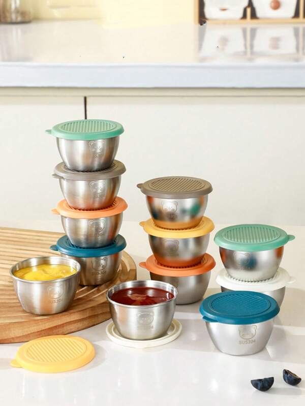 2 pezzi/4 pezzi/6 pezzi Coppette per salse mini in acciaio inossidabile 304 con coperchi, piattini portatili per condimenti per uso domestico per ketchup, condimenti per insalata, uso esterno, forniture scolastiche