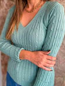 Knitwear TRACA Long Sleeve Striped Blouse COLA V Plain V-Neck Blouse Polyester With Elastane Ribbed Collar And Cuffs ONE SIZE 36-40