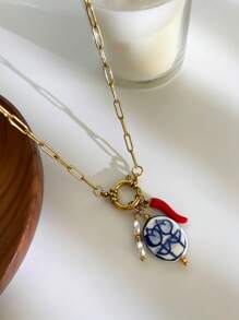 Monlansher Nuova collana con ciondolo in acciaio inossidabile per donna, design alla moda con timone e fibbia rotonda, con ciondoli in ceramica smaltata a forma di peperoncino e finta perla, collana versatile