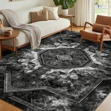 1pc Luxury Black & Gray Vintage Boho Area Rug With American Creative Elements, Rectangular Soft & Anti-Slip Carpet For Outdoor, Entryway, Living Room, Bedroom, Laundry Room, Bathroom, Game Room, Machine Washable, Home Decor