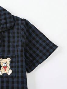 Cartoon Bear Plaid Short Sleeve Button Down Shirt And Pants Pajama Set For Young Girls - Royal Blue - View 5