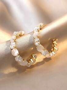 1 Pair Copper Alloy Cat Eye Stone C-Shape Hoop Earrings, Unique Design With Elegant Simplicity, Suitable For Women Who Pursue Distinctive And Quality Style, For Daily Commute, Casual Gathering, Formal Business Events, Romantic Dates To Enhance Overall Outfit And Facial Features