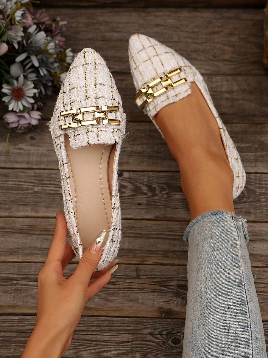 Women's Fashion Metal Decor Pointed Toe Ballet Flats, Slip-On Comfortable Casual Elegant Plaid Pattern Shoes, Suitable For Spring/Summer Daily Wear & Office, Random Pattern - Mijinger - Xem 1