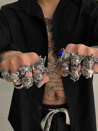 16 件朋克风格羊头/虎头/骷髅指环，镶嵌黑色/蓝色水晶，男士休闲日常佩戴