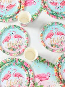 Hawaiian Flamingo Pattern Disposable Paper Tableware Set, Tropical Summer Hawaii Theme Birthday Babe Shower Party Decoration Supplies, 8pcs 7/9inch Paper Plates, 8pcs Paper Cups, 16pcs Paper Napkins For Family Summer Holiday Activities Event Party Table Decoration, Home Kitchen Table Ornaments - Hawaiian Flamingo - View 4