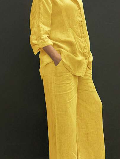 Lättviktig polokrage, casual kofta, enfärgad elegant bluttopp lämplig för strand, vardag, pendling, arbete, shopping, mjukt tyg, lösa byxor med resår i midjan, 2-delat set