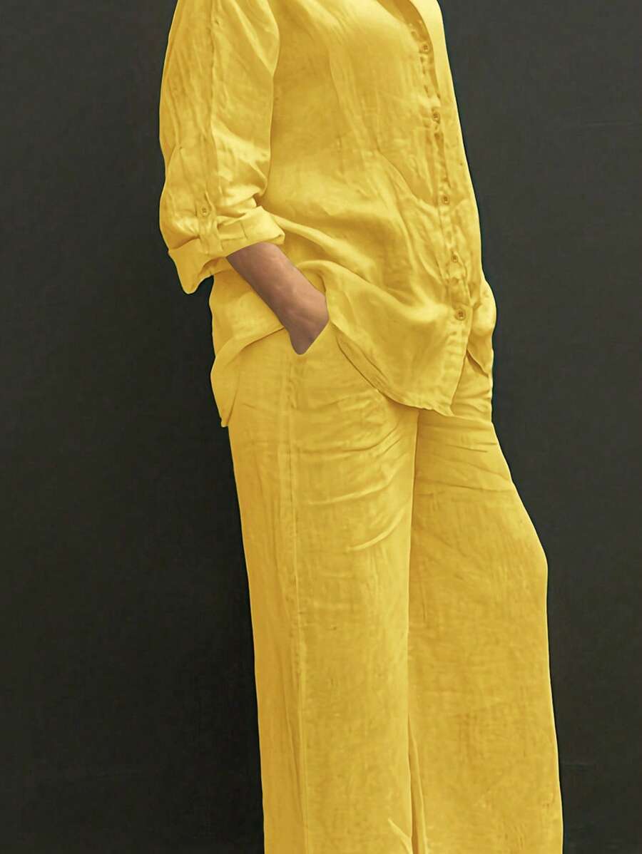 Lightweight Polo Collar Casual Cardigan, Solid Color Elegant Blouse Top Suitable For Beach, Daily, Commuting, Work, Shopping, Soft Fabric, Elastic Waist Loose Pants, 2 Pieces Set