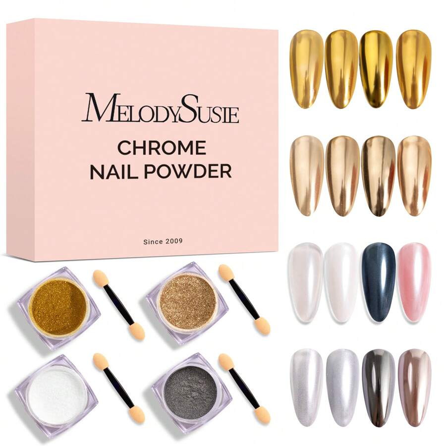 4 Jars Chrome Nail Powder Y2K Aesthetic Metallic Mirror Effect Holographic Aurora Chameleon Chrome Powder For Nail Art Gel Polish, Nail Supplies For Nails White And Glod Glitter Powder - Y01+M01+M02+M15 - 查看 1