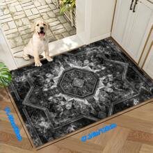 1pc Luxury Black & Gray Vintage Boho Area Rug With American Creative Elements, Rectangular Soft & Anti-Slip Carpet For Outdoor, Entryway, Living Room, Bedroom, Laundry Room, Bathroom, Game Room, Machine Washable, Home Decor