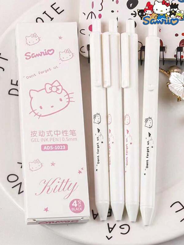 Sanrio Set de bolígrafos con licencia de Sanrio Hello Kitty/Kuromi/Melody/Cinnamoroll/Pochaccos 2025 de vuelta a la escuela - Estuche de 4/6 bolígrafos de tinta negra suave de 0.5 mm con elementos de regalo sorpresa (regalo de San Valentín/Navidad) - Papelería de anime Kawaii para estudiantes y profesionales, útiles escolares de vuelta a la escuela, bolsa de papelería de verano, artículos escolares esenciales
