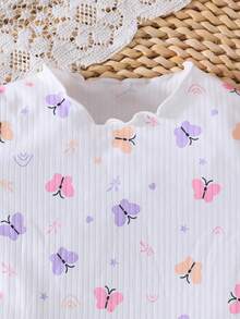 2pcs/Set Baby Girl Ribbed & Butterfly Print Solid Short Sleeve Bodysuit Outfit - Multicolor - View 8