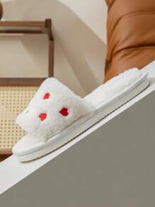Pantufas domésticas femininas bordadas com coração, pantufas macias e fofas de biqueira aberta, deslizantes, quentes para uso interno/externo, adequadas para todas as estações, outono/inverno, maternidade