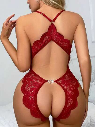 Body feminino transparente com decote em V profundo, trama jacquard, costas nuas, decoração de laço no peito, renda floral cruzada, virilha aberta, decoração de fivela de metal em forma de coração, body sexy de pelúcia, acabamento em vieira, alça de ombro ajustável, body feminino sexy, Rave