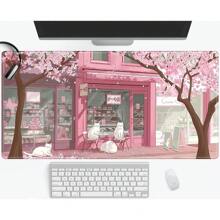 Tappetino per mouse grande con fiori di ciliegio rosa, gatti anime, tappetino per scrivania con base antiscivolo in gomma, tappetino da gioco con bordi rifiniti, forniture scolastiche, Ritorno a Scuola