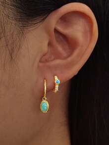 2pcs 925 Sterling Silver Earrings, Retro Elegant Geometric Oval Enamel Pendant Earrings, Suitable For Men And Women Daily Party Wear Low Allergy Earrings, Perfect Birthday, Valentine's Day, Easter, Halloween Jewelry Gifts - Yellow Gold - View 2