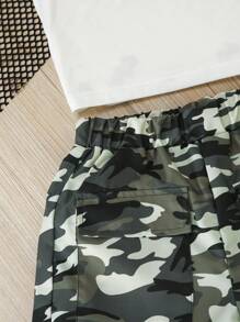 3 Peças/Conjunto Jaqueta de Tule para Meninas + Camiseta Regata com Estampa de Letra + Shorts Esportivos de Camuflagem, Conjunto de Verão