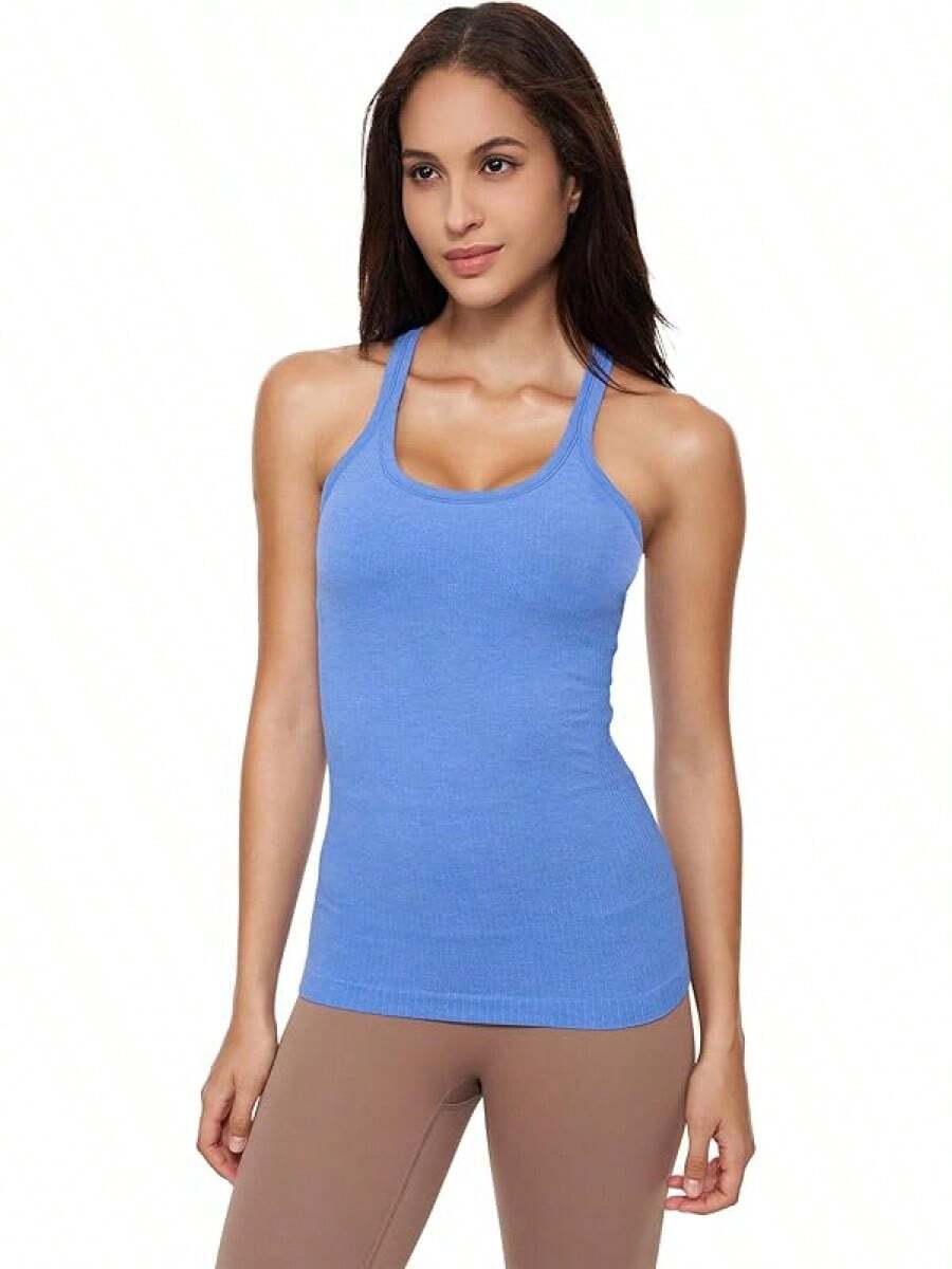Yoga Racerback Tank Top For Women With Built In Bra,Women's Padded Sports Bra Fitness Workout Running Shirts - 藍色彼岸 - 查看 1