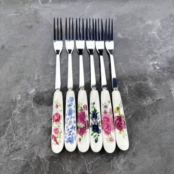 6pcs/Set Elegant Floral Stainless Steel Forks With Ceramic Handles - Dessert Forks, Fruit Forks, Suitable For Home, Restaurant And Kitchen, Mirror Polished Long-Lasting,School Supplies