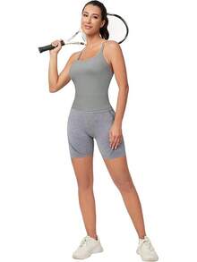 Workout Tops Women With Built In Bra, Sleeveless Gym Tops Seamless Racerback Athletic Yoga Shirts, Activewear - 灰色 - View 3