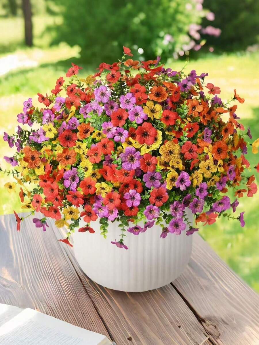 8 piezas Conjunto de decoración floral artificial - Margarita colorida, Eucalipto, decoración resistente a los rayos UV para exteriores e interiores para patio, jardín, balcón, entrada del hogar, decoración de otoño - Multicolor - Ver 1