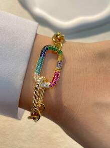 STYLEVER 1pc Gold Carabiner Bracelet, Stainless Steel Chain, Multicolour Bracelet, Screw Clasp Bracelet, Double Buckle Colored Chain