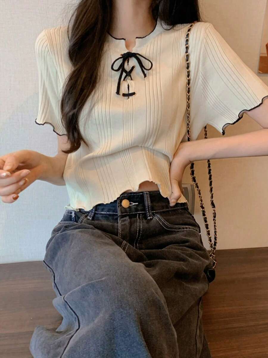 女式夏季撞色修身短袖针织上衣