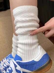 1 par de calcetines por encima de la rodilla de unicolor con empalme de malla y encaje, calcetines de rejilla de primavera/otoño con pila pequeña en la pierna, calcetines de tubo de mujer con empalme hasta la pantorrilla, medias transpirables de rayas verticales de malla ajustadas