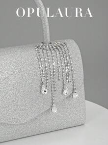 OpulAura 女士时尚闪亮流苏水晶水滴装饰派对手提包，优雅晚礼服配饰手拿包，适合浪漫婚礼、正式派对、舞会、鸡尾酒会，配有可拆卸链带，随机水晶流苏图案 - 銀色 - 查看 7