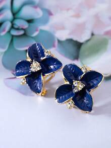 1 对韩国时尚蓝宝石和水钻装饰花朵设计奢华优雅耳钉情人节、妈妈、母亲、母亲节、礼物