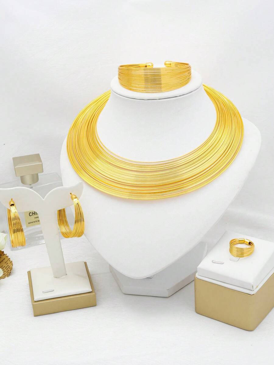 24K Gold-Plated Nigeria Traditional Jewelry Set, Including Necklace, Bracelet, Earrings, Ring For Wedding Bride - 24k Gold - View 1