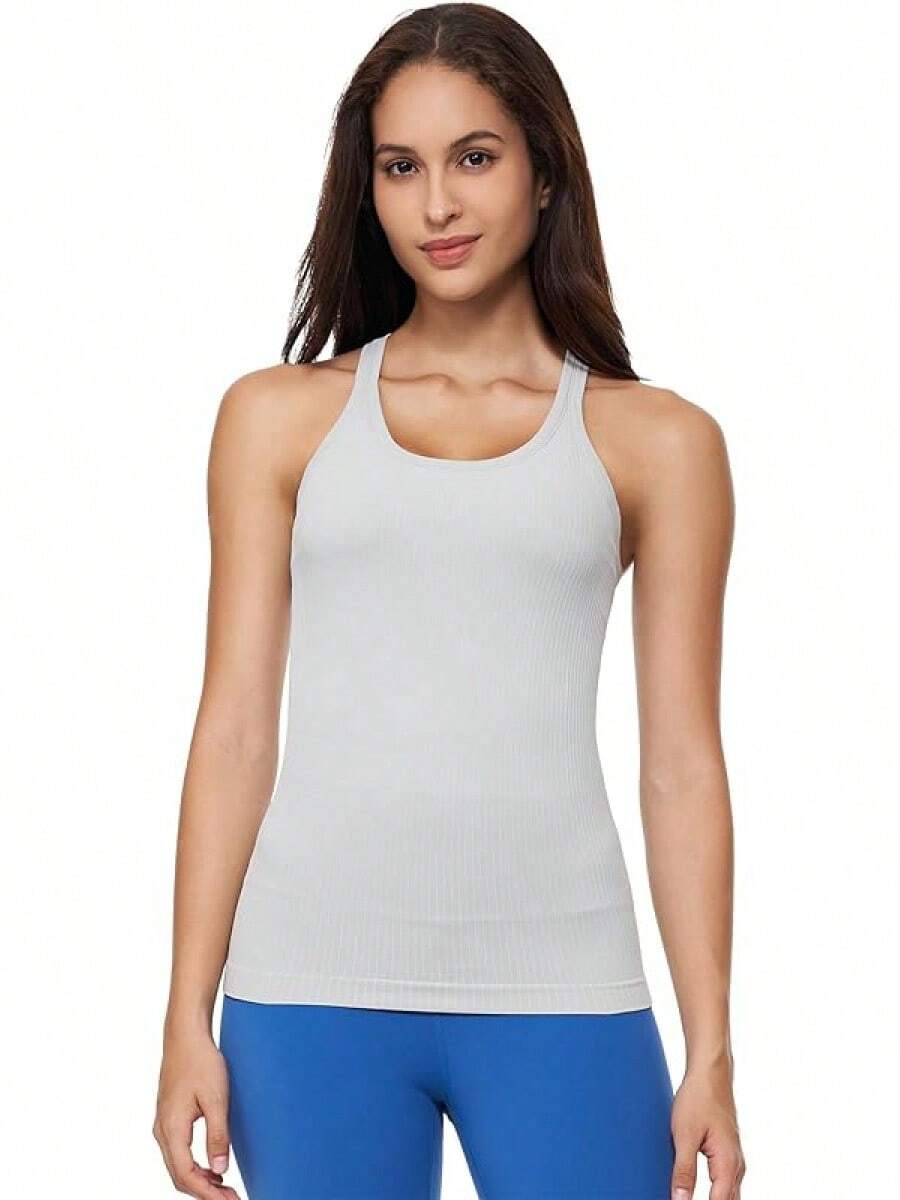 Yoga Racerback Tank Top For Women With Built In Bra,Women's Padded Sports Bra Fitness Workout Running Shirts - 靜灰色 - 查看 1