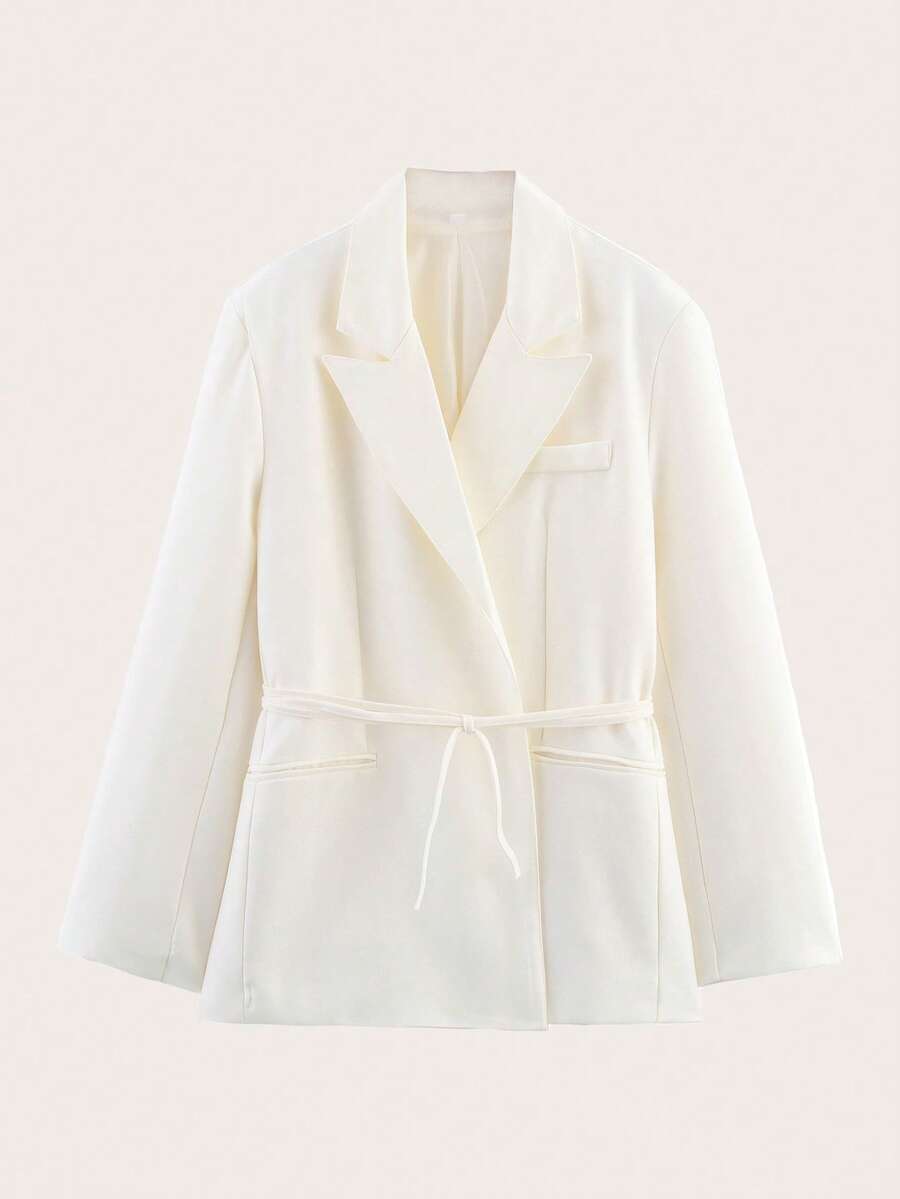 Solid Color Waist Belt Casual Long Sleeve Jacket, Suitable For Spring And Autumn White - White - View 1