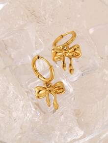 1 Pair Stainless Steel Waterproof Non-Fading Cute Bow Hoop Earrings, Suitable For Women Daily Wear - Gold - View 7