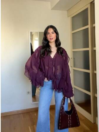 HZXVIC Women's Elegant Deep V-Neck Ruffle Sleeve Blouse