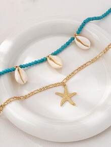 2pcs/Set Boho Style Beaded Seashell & Starfish Pendant Necklace Set For Women - Yellow Gold - View 4