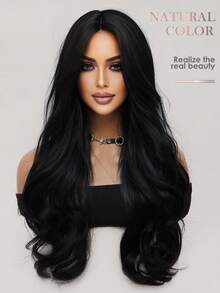 日常黑色长卷发假发 26 英寸蓬松外观透气轻盈中分刘海合成纤维假发女士日常佩戴派对优雅假发音乐节时尚浪漫情人节假发都市时尚假发 - 黑色 - 查看 5