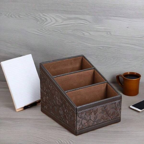 1pc Fashionable PU Leather TV Remote Control Holder With 3 Compartments, Storage Rack, Storage Box, Media Accessory Storage, Desk Organizers