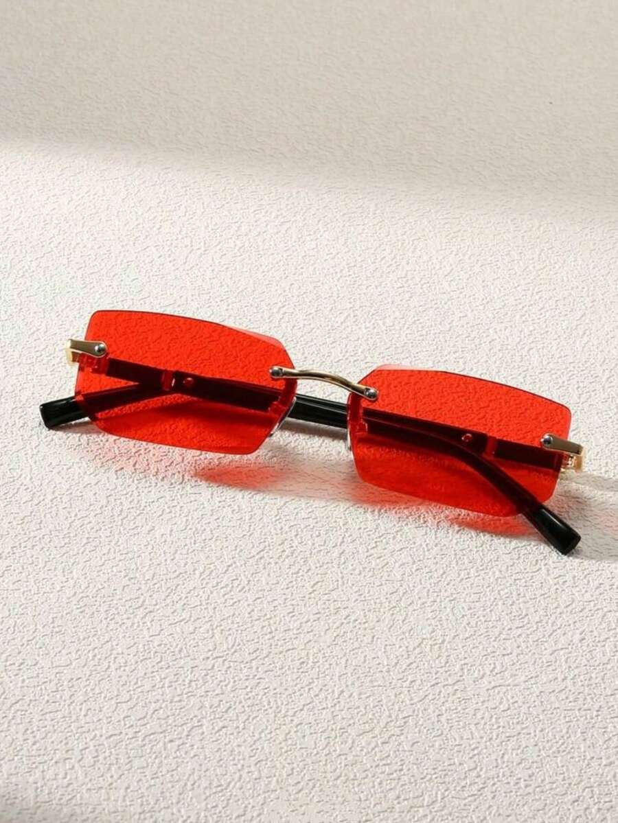 1pc Black Small Frame Fashion Rimless Y2K Summer Beach Driving Fashion Glasses For Summer Beach Vacation,Outdoor,Travel - Red - View 1