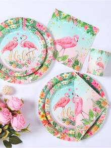 Hawaiian Flamingo Pattern Disposable Paper Tableware Set, Tropical Summer Hawaii Theme Birthday Babe Shower Party Decoration Supplies, 8pcs 7/9inch Paper Plates, 8pcs Paper Cups, 16pcs Paper Napkins For Family Summer Holiday Activities Event Party Table Decoration, Home Kitchen Table Ornaments - Hawaiian Flamingo - View 3