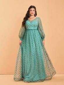 Plus Size V-Neck Sheer Long Lantern Sleeve Maxi Formal Dress, High-End, Bridesmaid Dress - Green - View 1