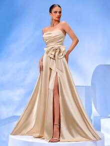 ADYCE Robe de balançoire à dos nu avec fente haute et nœud papillon structuré fait main, robe pour invité de mariage, convient aux événements formels, soirées, galas, fêtes, robe du soir, robe de soirée - Nude - Voir 4