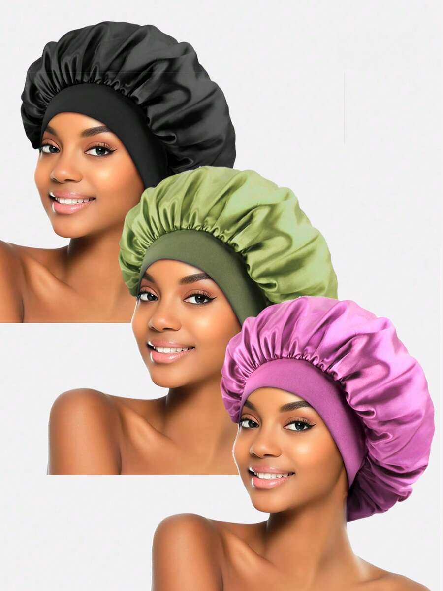 3pcs Women's Multi-Color Satin Wide Brim Sleep Cap/Hair Turban, Suitable For Daily Use