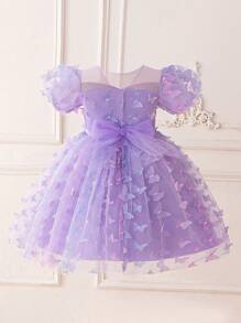 Young Girls' Round Neck Butterfly Net Tulle Elegant Party Princess Dress, Suitable For Flower Girl, Birthday, Outing, Excludes Hair Accessory