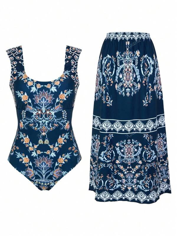 Women's Fashion Sexy One-Piece Bikini Swimsuit With Cover Up Skirt, Beach/Vacation Style, Europe & America Exported, Bust Lifting & Tummy Concealing