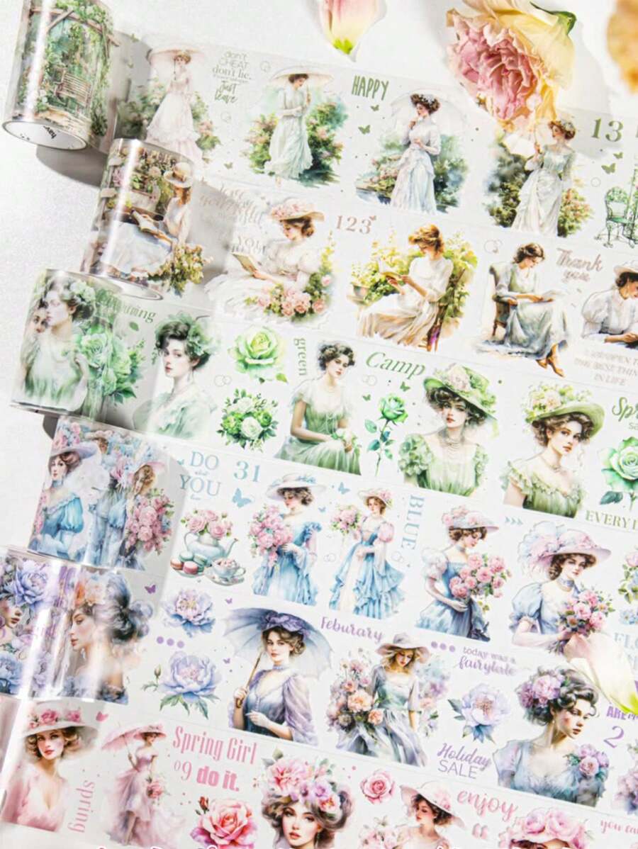2m Spring Girl Series 6 Kinds Decorative PET DIY Craft Scrapbooking Adhesive Tapes For Notebook, Laptop Case, Water Cup, Etc.,School Supplies,Back To School