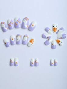24 件杏仁形可穿戴美甲礼盒可爱艺术感大白鸭可爱黄色鸭嘴春日彩绘浪漫紫色百搭时尚美甲女孩礼物、派对便携式假指甲带果冻胶 1 件文件 1 个