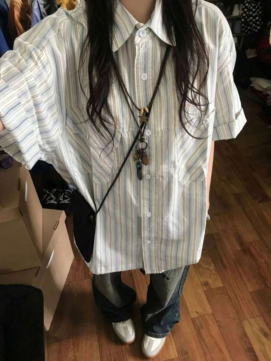 女式复古格子短袖纽扣衬衫，休闲设计宽松夏季上衣 - 藍色 - 查看 1