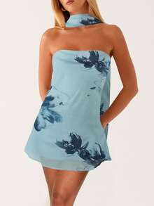 Women Floral Strapless Mini Dresses Y2K Flower Backless Tube Top Dress Short Summer Dress With Scarf - Màu xanh lam - Xem 2