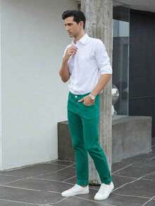 TEGIAS Mens Slim Fit Stretch Jeans Classic Comfort Regular Fit - Green - View 2