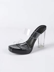 Sandalias de tacón alto de 11 cm de plata/negro para mujer de primavera/verano, diseño elegante y sexy transparente, plataforma de cristal, versátil - Negro - Ver 5
